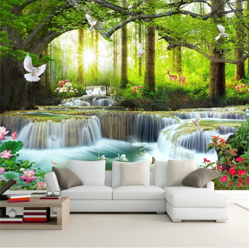 wellyu Simple Leisure Green Tree Forest Waterfall Landscape Tooling Wall Custom Large Mural Green Wallpaper papel de parede