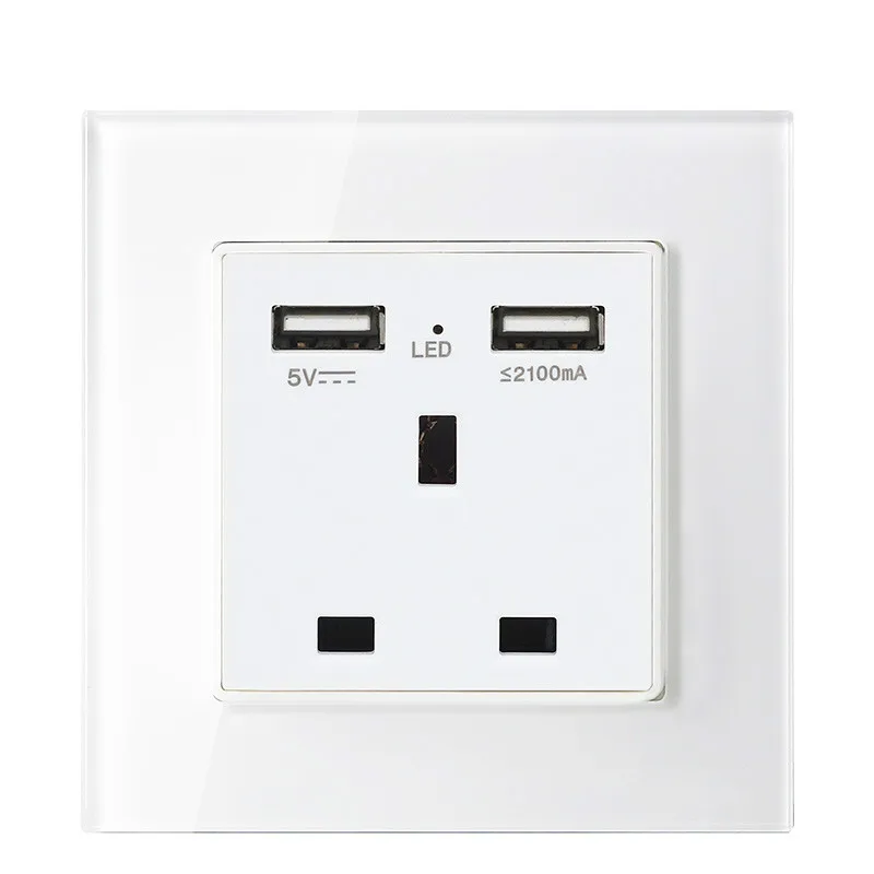 

UK 13A British socket USB mobile phone charging British standard square foot three hole socket panel 86 toughened glass panel