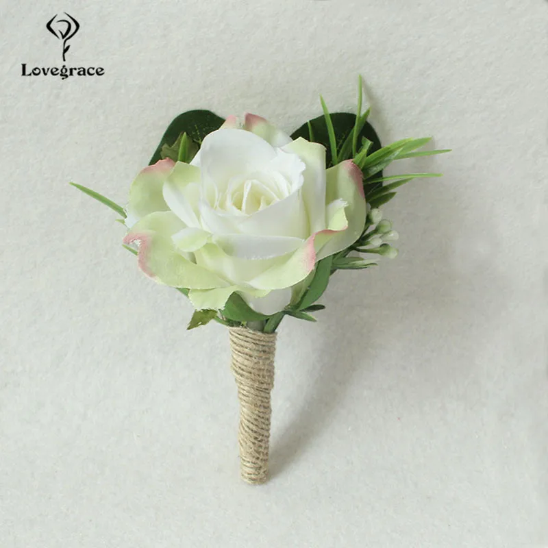 Hochzeit Zubehör Corsagen Weiß Rosen Bräutigam Boutonnieres Blumen Groomsmen Knopfloch Ehe Pin Gäste Seide Handgelenk Korsagen