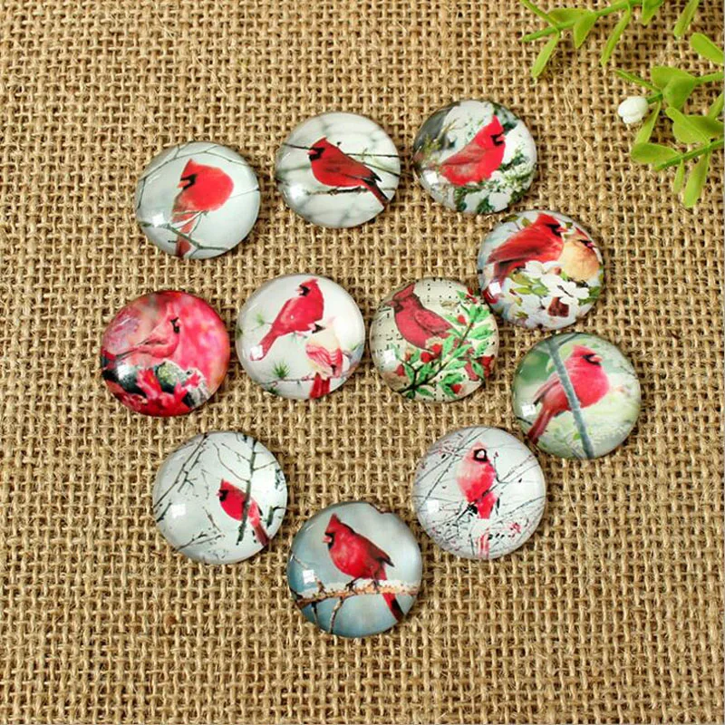 

60Pcs 8mm-35mm Red Bird Round Handmade Photo Glass Cabochons & Glass Dome Cover Pendant Glass Cabochon