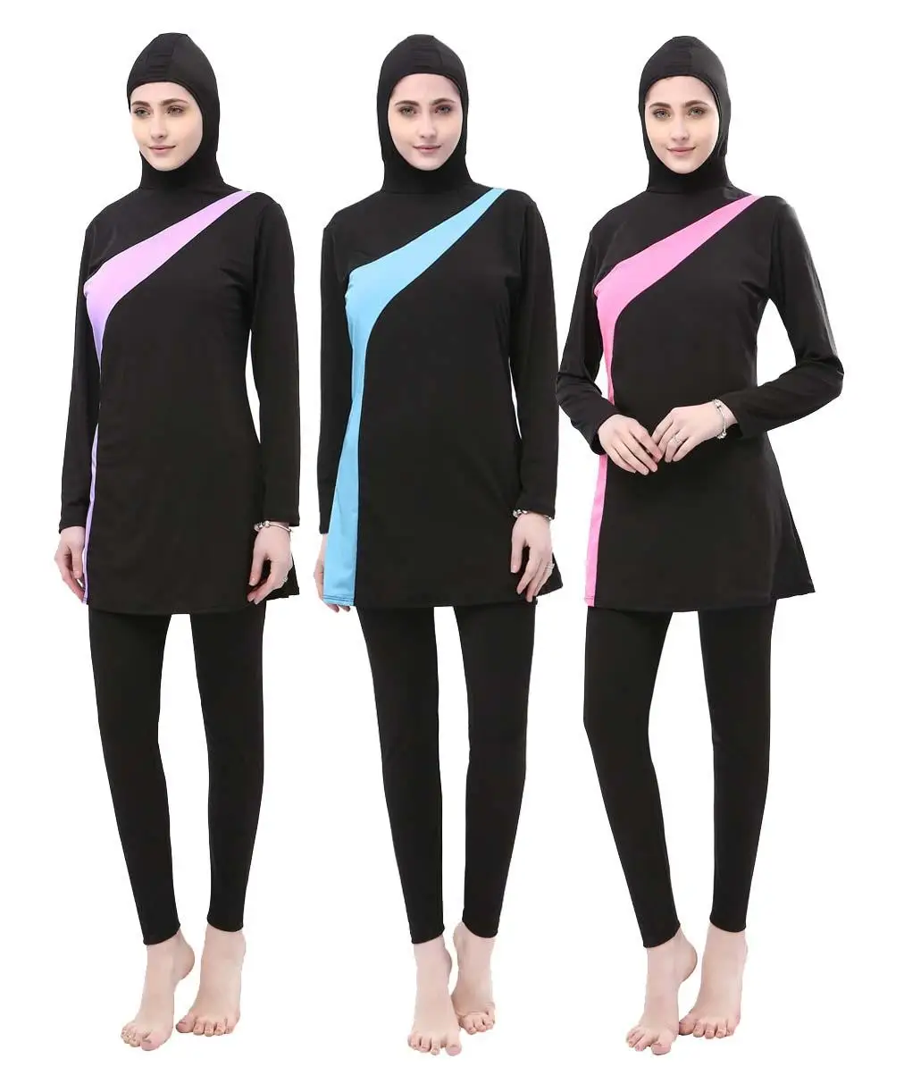 

Women Long Sleeve Muslim Swimwear Contrast Color Hooded Hijab Arabic Islamic Swim Surf Wear Burkinis Bathing Suit Plus Size 5XL