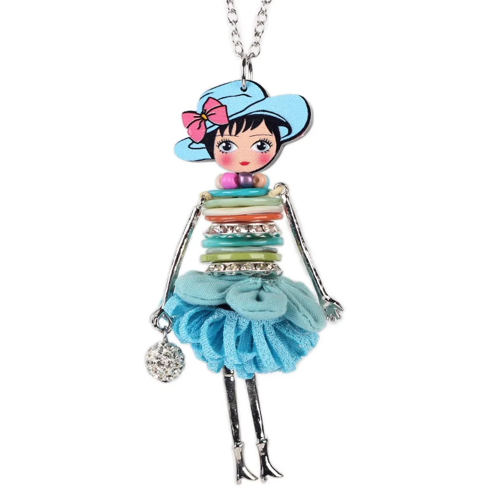 Bonsny Shell Crystal Doll Necklace Dress Handmade French Doll Pendant 2016 News Alloy Girl Women Flower Fashion Jewelry