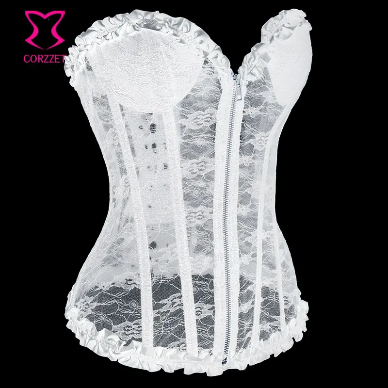 Embroidery Padded Cup White Lace Corset Sexy Gothic Bustier Top Bridal Corpetes Zipper Push Up Corsets Bustiers Wedding Lingerie