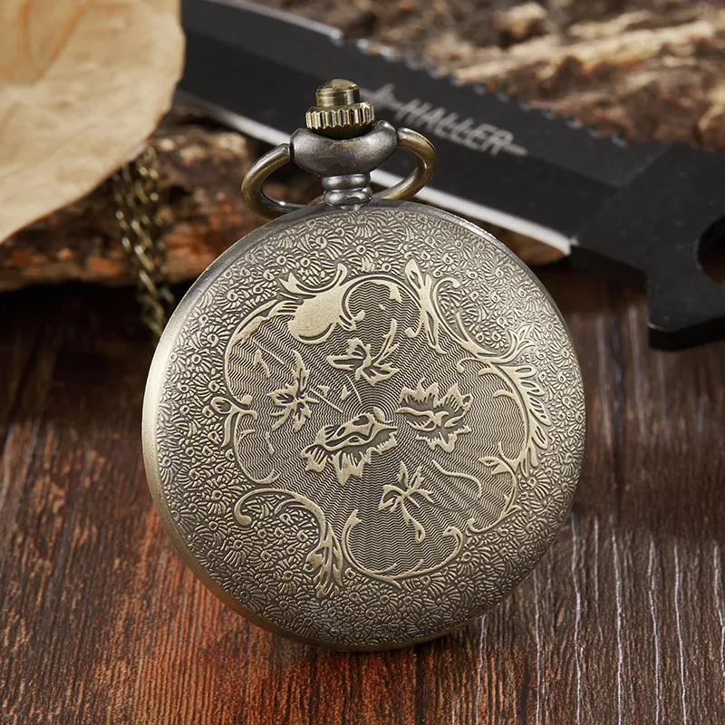 Clássico bronze dragão e phoenix oco masculino senhora relógio de bolso de quartzo steampunk relógio feminino com colar pendente melhor presente