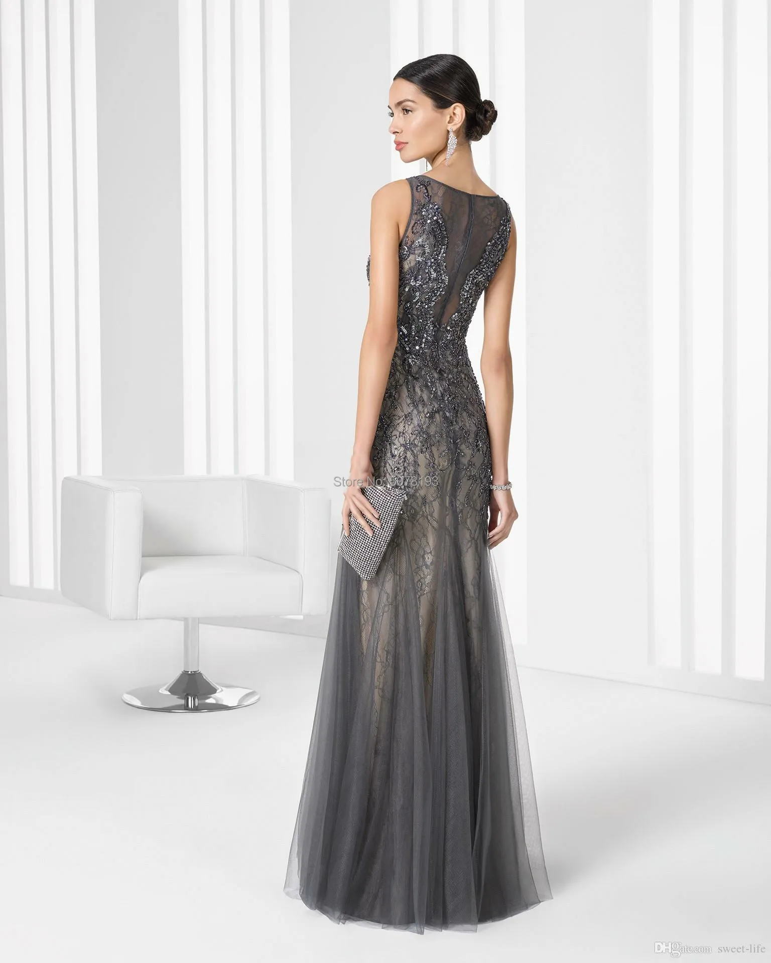 Grey Vrouwen Rok Elegante Scoop Sleeveless Schede Floor-Length Lace Evenig Jurk/Lange Partij Jassen Rits & Kralen gratis Verzending