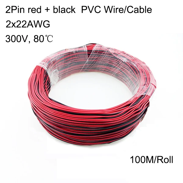 

100 м 2x22AWG 2-контактный провод из ПВХ красный + черный удлинительный соединительный кабель для одноцветной светодиодной ленты