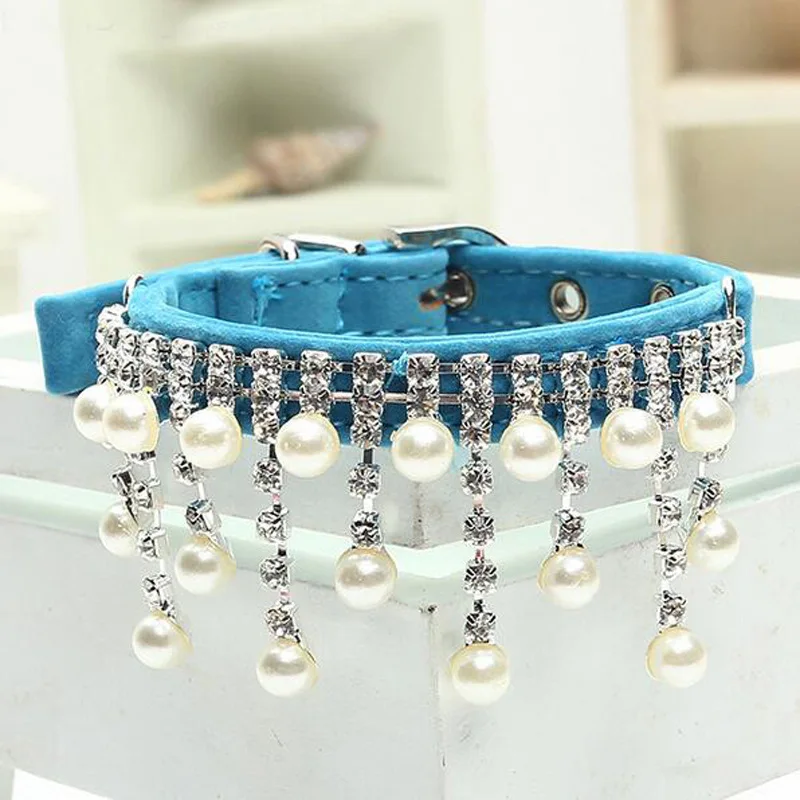 New Fashion Female Wedding Pet Products Cats Velvet Crystal Pearl Necklace Luxury Jewelry Dog Pet Cat Collar 5 Color 3 Size