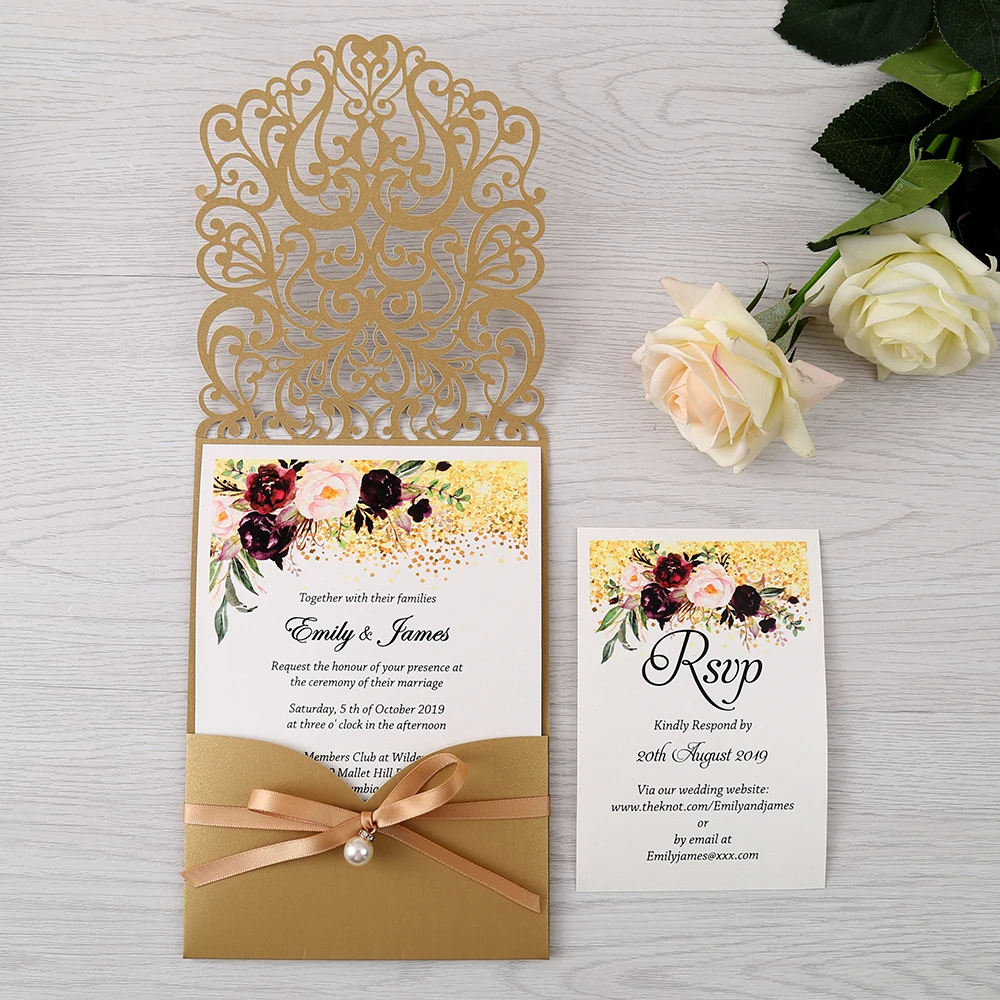 

100pcs Gold New Arrival Horizontal Laser Cut Wedding Invitations with RSVP card,pearl ribbon,Customizable