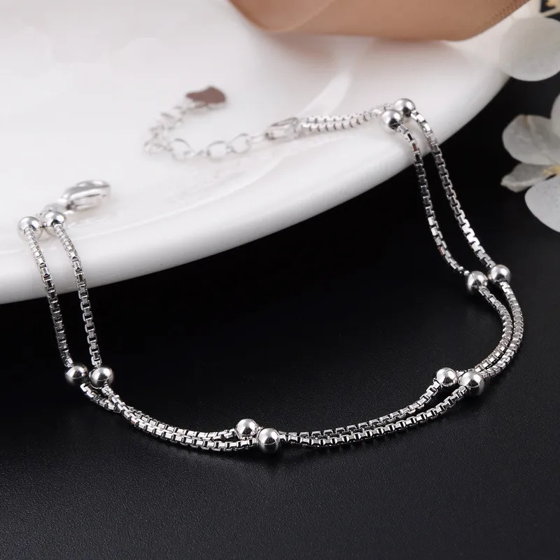 Sterling Silver Jewelry 925 Sterling Silver Bracelet Double Box Chain Bead Bracelet Women Fashion Jewelry Wholesale 4