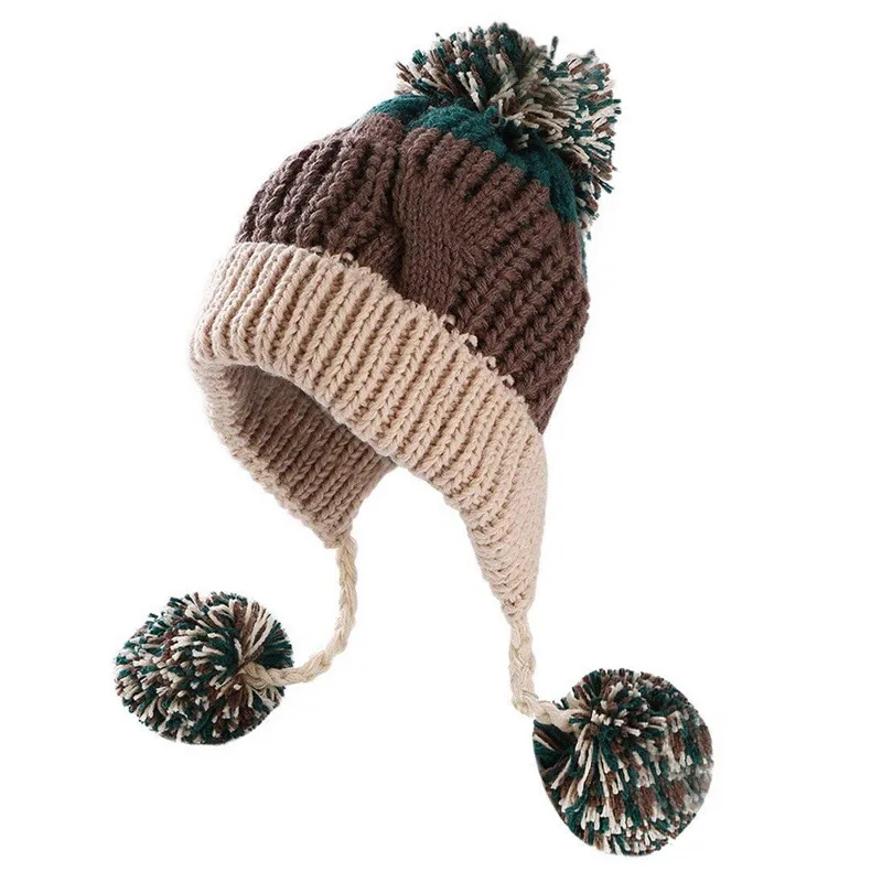 BomHCS Winter Handmade Knitted Stitching Color Beanie Hat Women Earflaps Caps