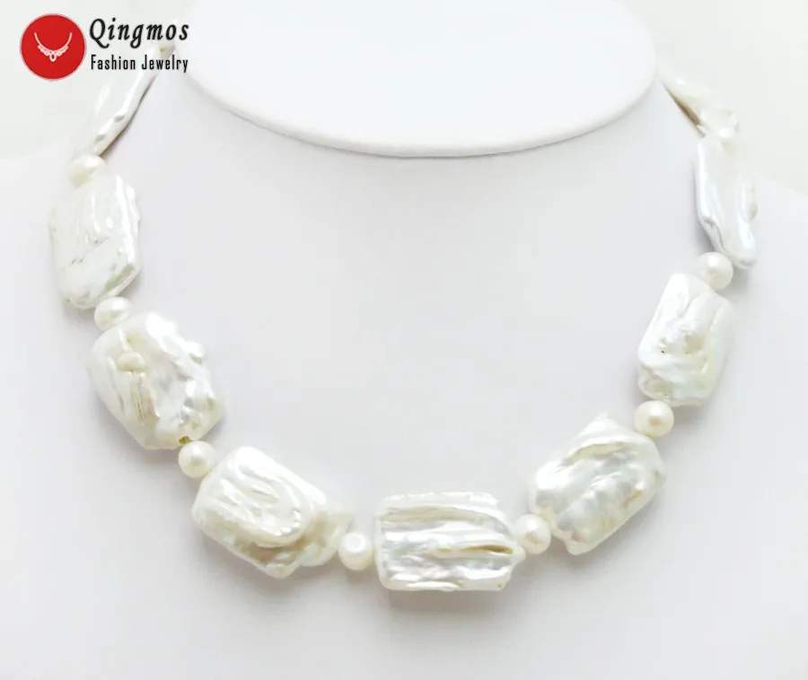 Qingmos Natural Pearl Necklace for Women with White 20*30mm Rectangle & 6-7mm Round Pearl Chokers Necklace Jewelry 17'' nec6485