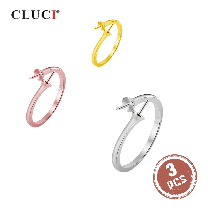 

CLUCI 3pcs 925 Sterling Silver Adjustable Open Pearl Ring Mounting Women Wedding Ring Jewelry SR2084SB