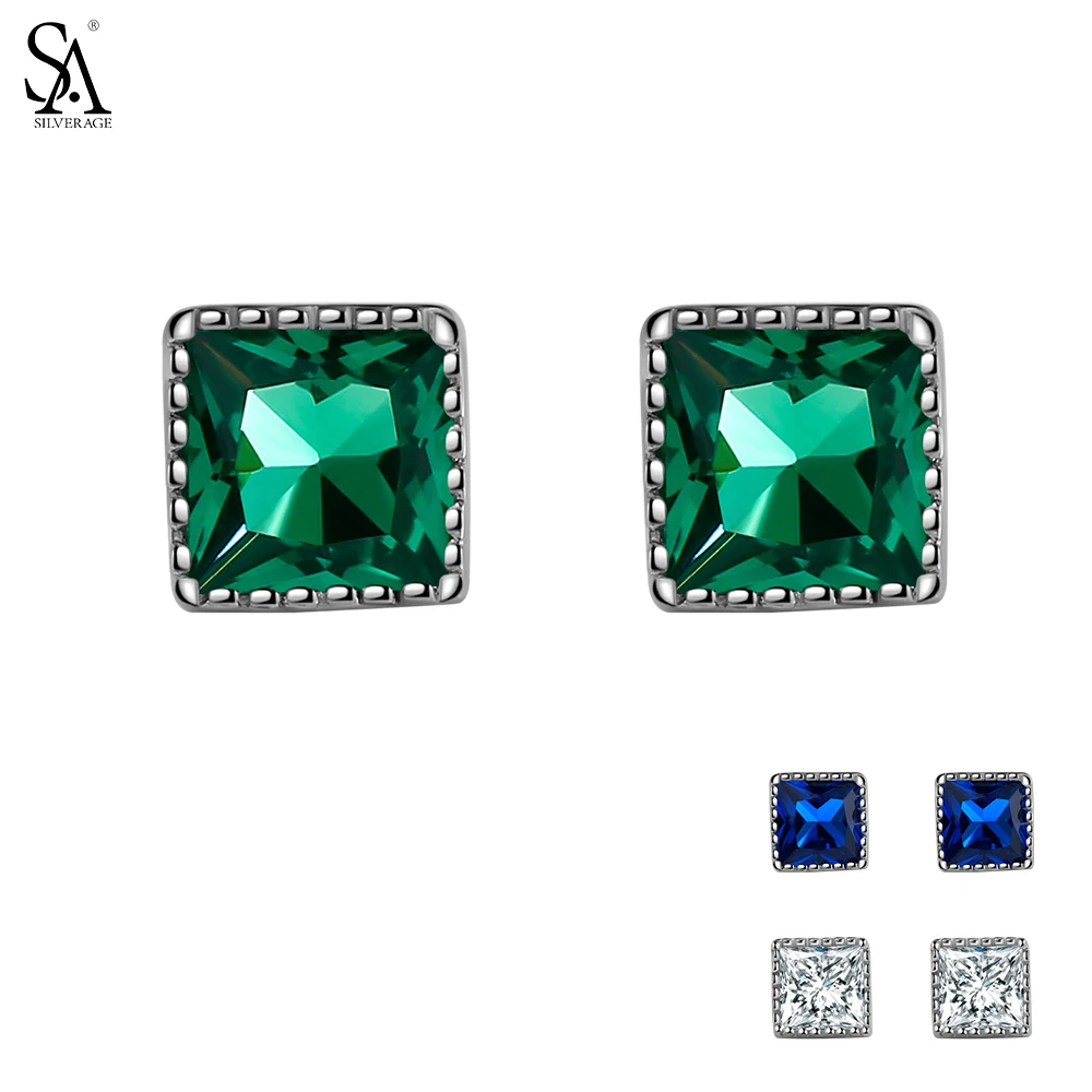 

SA SILVERAGE 925 Sterling Silver Stud Earrings for Women Fine Jewelry Green Blue White Gemstones Silver Earrings Female