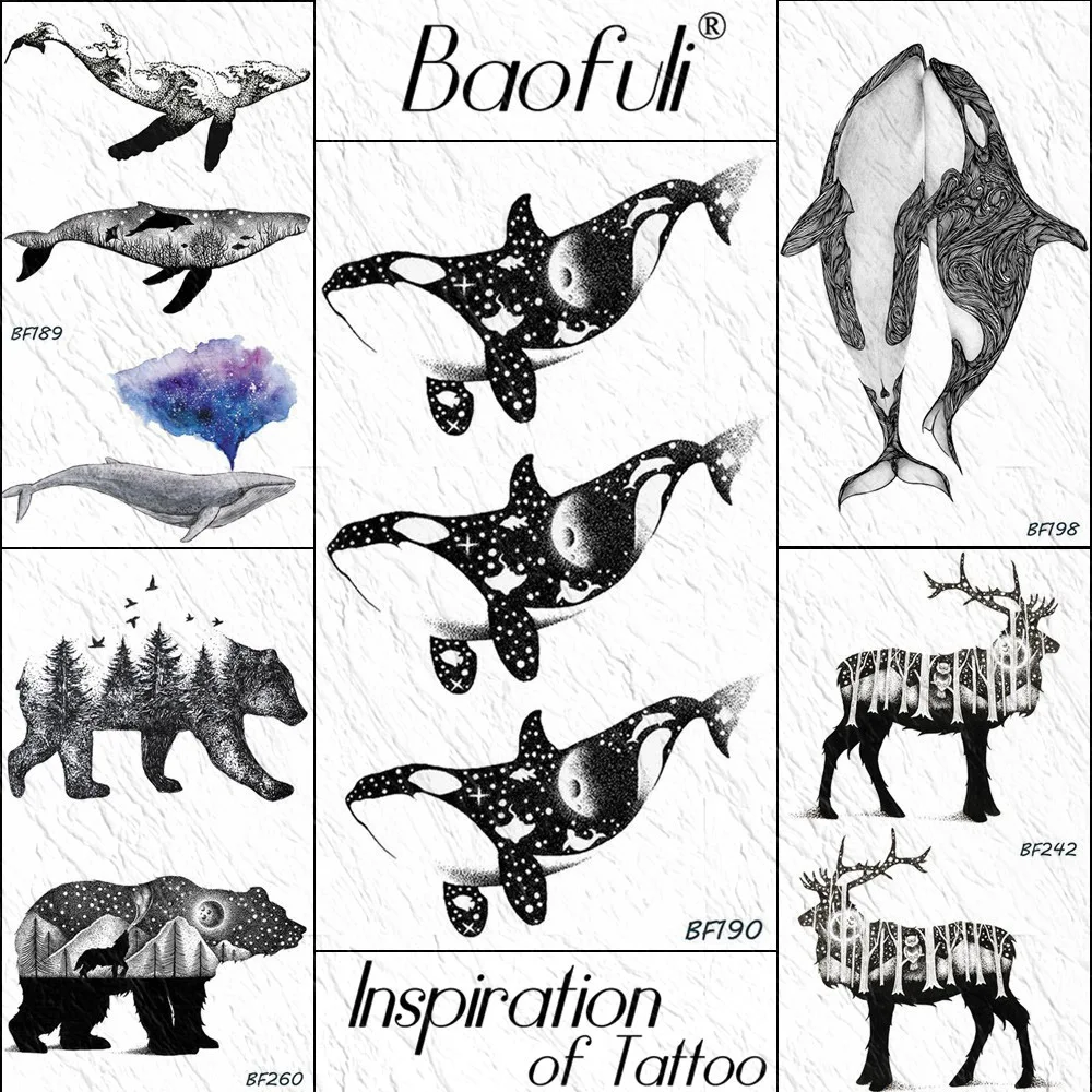 Baofli – tatouage temporaire, autocollant, étanche, poisson, galaxie, planètes, baleine, étoile, noir, faux tatouage, pour les bras, pour femmes et hommes