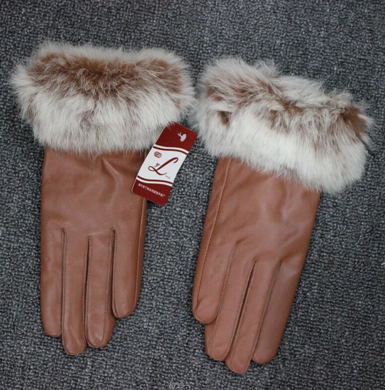 Harppihop Fur  Women Winter Genuine Leather Gloves Fashion Brand Rabbit Fur Warm Driving Girls Gloves Goatskin Mittens Guantes