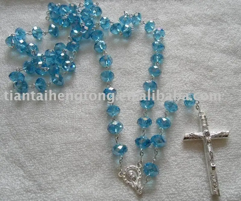 silver plating chain of blue color  6*8mm bead rosary /crystal rosary necklace/religious rosary with virgin mary rosary center