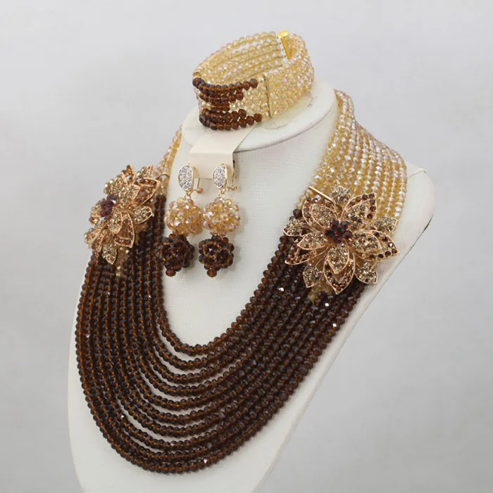 

Brown/Champagne 10 Rows Crystal Beads Jewelry Set Fashion African Beads Jewelry Set Bridal Necklace Set New Free ShippingABL919