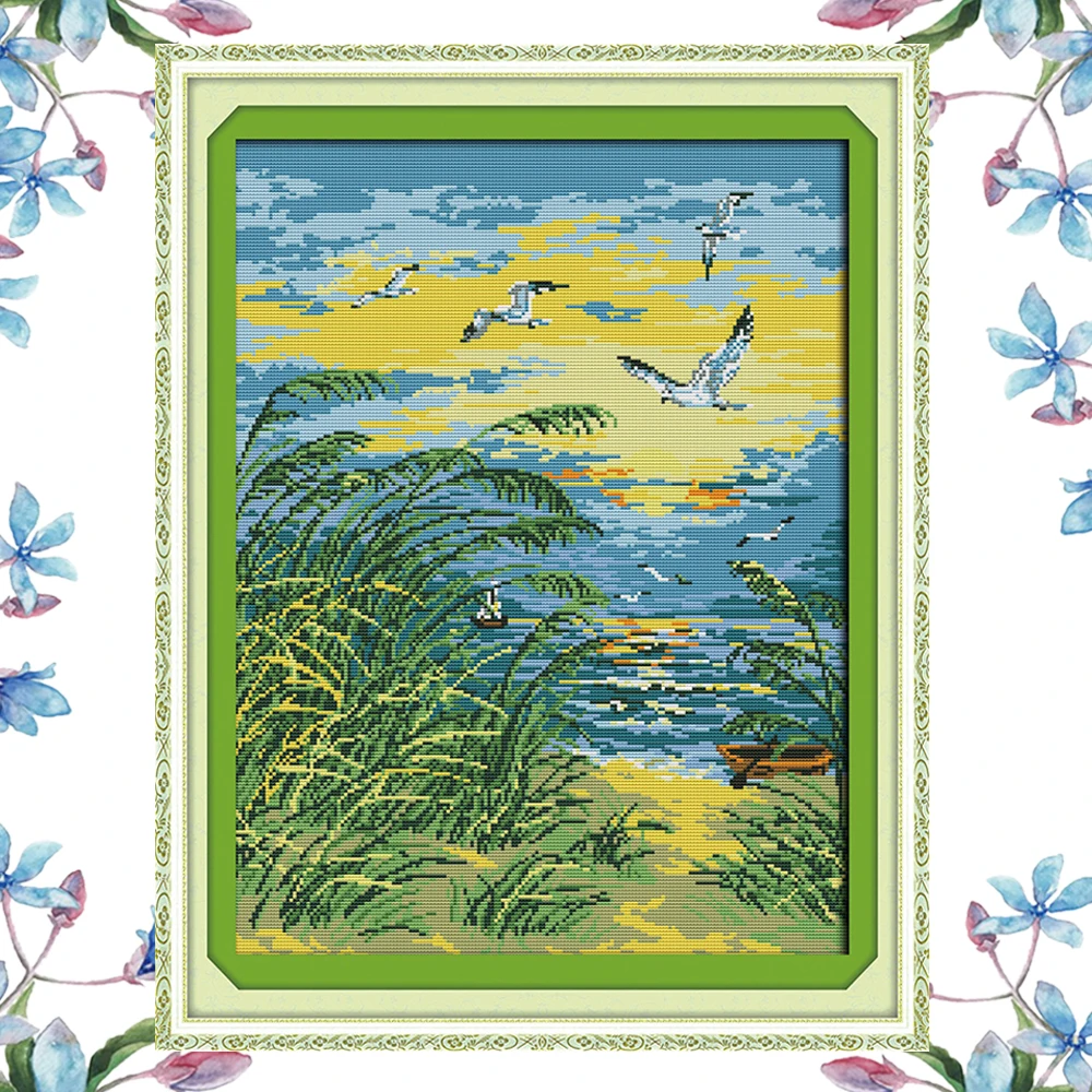 NKF The Seaside Alpenglow Cross Stitch Pattern 11CT14CT Needlework Painting Cross Stitch for Embroidery Stamped Kits Home Decor