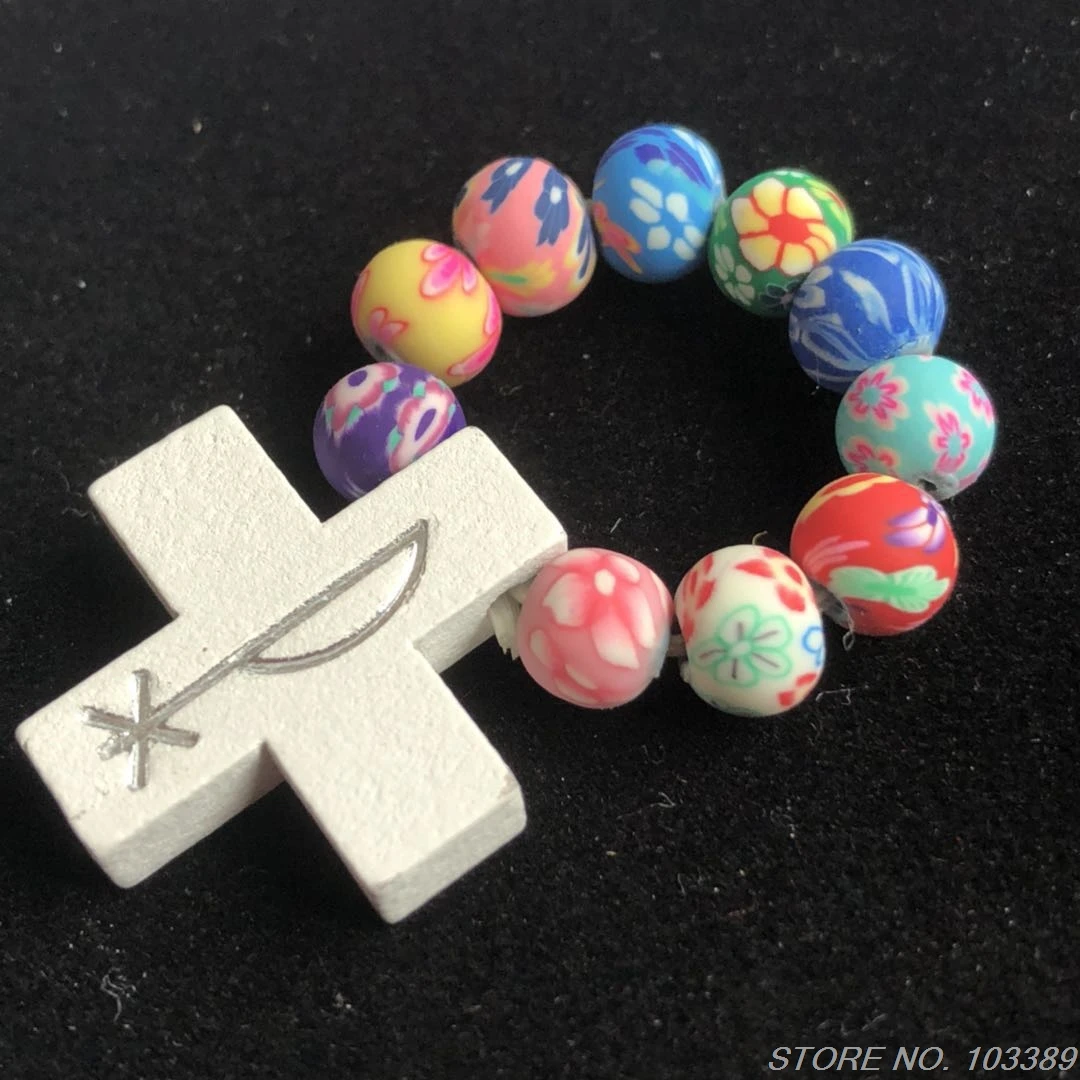 12pcs elastic Polymer Clay Bead white Wooden Cross Finger soft clay beads catholic rosary ring