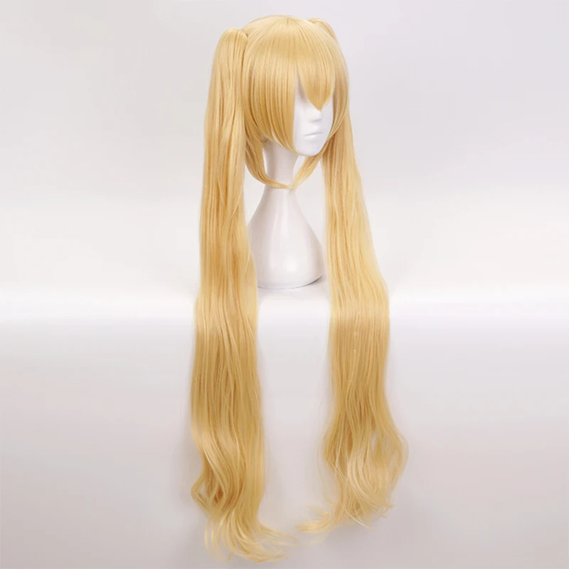 ผสม S Kaho Hinata สีบลอนด์สังเคราะห์คอสเพลย์วิกผมธรรมชาติ Wave Double Ponytails วิกผม + หมวกวิกผม