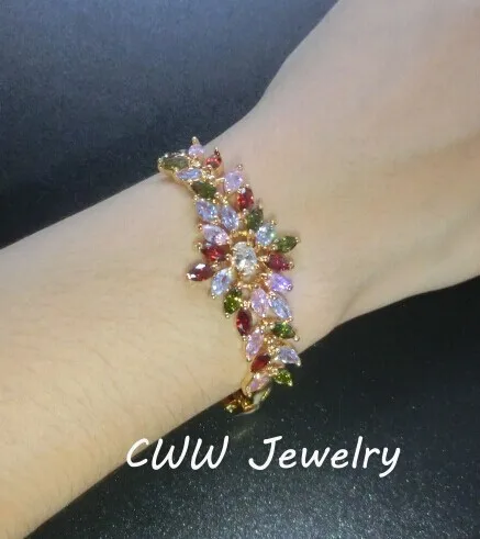 CWWZircons Sparkling Yellow Gold Color Designer White Red Green Cubic Zirconia Big Flower Charm Bracelets For Women CB073