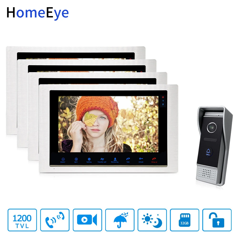 

HomeEye 10inch Video Doorbell Video Intercom Motion Detection OSD Menu Touch Button 1-4 Security Access System 1200TVL Rainproof