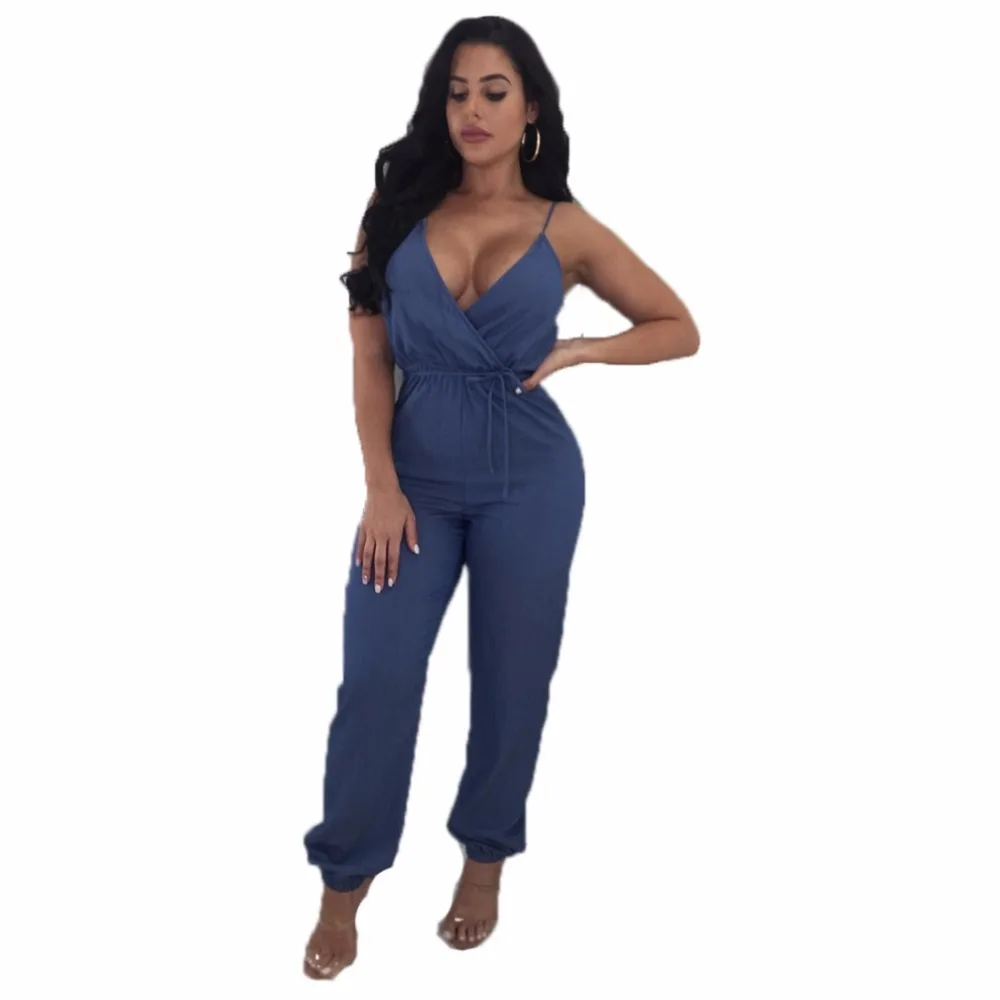 2019 Mùa Hè Phụ Nữ V-Cổ Jumpsuit Rắn màu cộng với kích thước Quần Áo Bodysuit Sexy