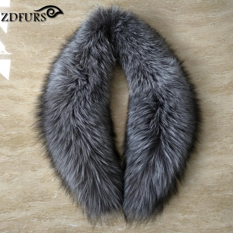 ZDFURS *Natural Color Genuine  real Sliver Fox Fur Collar  for women Big Size collar scarf clothing accessories ZDC-163004