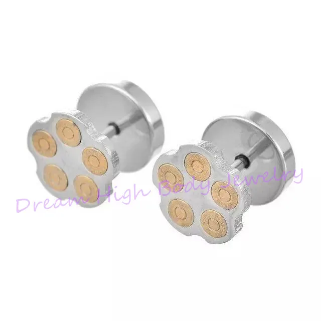 Imagem -02 - Punk Ear Stud Black Bullet 10 mm Ouro Cor Moda Brinco Barbell 316l Aço Inoxidável Gótico Tampões de Ouvido Falso Masculino