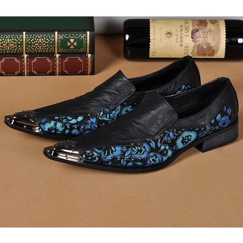 Zapatillas hombre wedding shoes for men genuine leather shoes men luxury print flowers slip on men loafers plus size rivets shoe