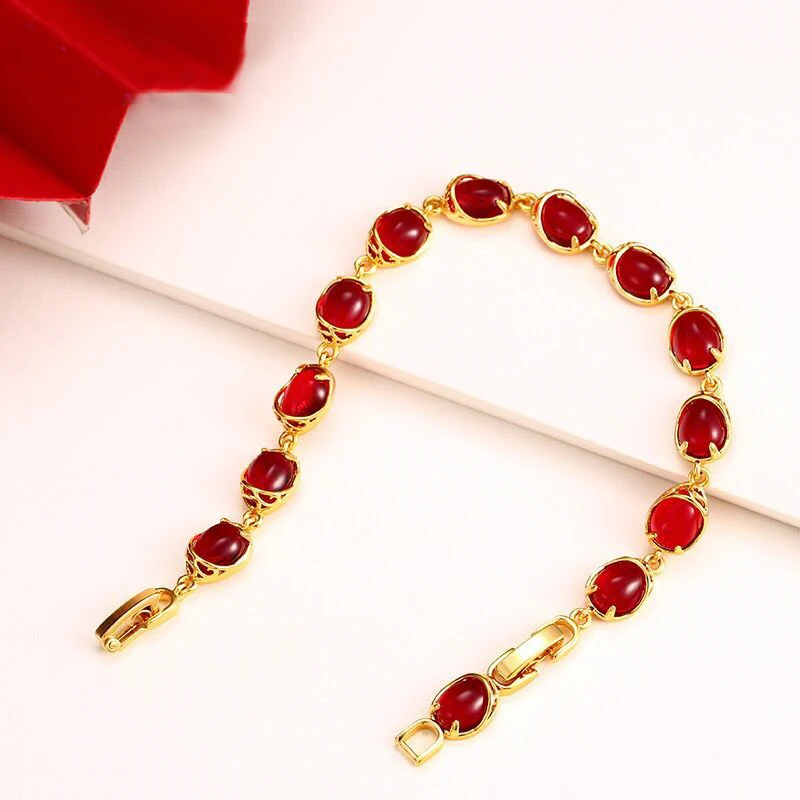 MxGxFam ( 18 cm + 3 cm ) Blood-Red / Green Water Stone Bracelet For Women Original Designs Fashion Jewelry 24 k Pure Gold Color