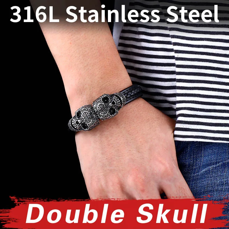 BEIER Cool Punk Double Skull Bracelet For Man 316 Stainless Steel love Bangle Man\'s High Quality Leather Jewelry BC-L024