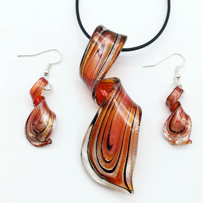 6 Sets Red Art Style Non-Standardized Painted Curved Abstract Coloured Glaze Glass Necklace Earrings Set DIY Jewelry for Women