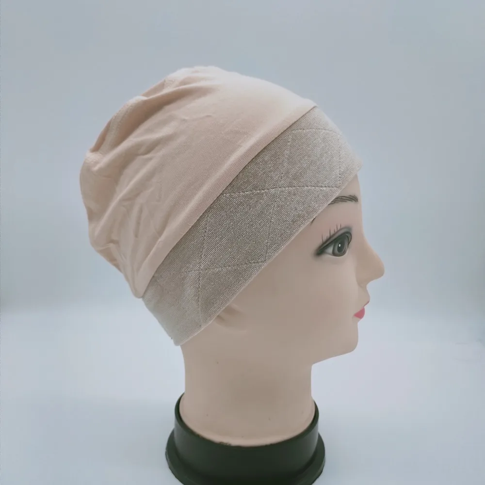 Beige color wig grip cap with velvet headband around for cancel patients comfortable and elastic