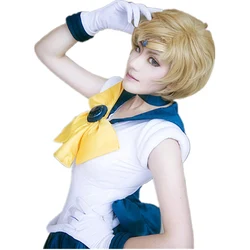 Sailor Uranus Tenoh Haruka Wigs Short Linen Blonde Heat Resistant Synthetic Hair Cosplay Wig + Cap