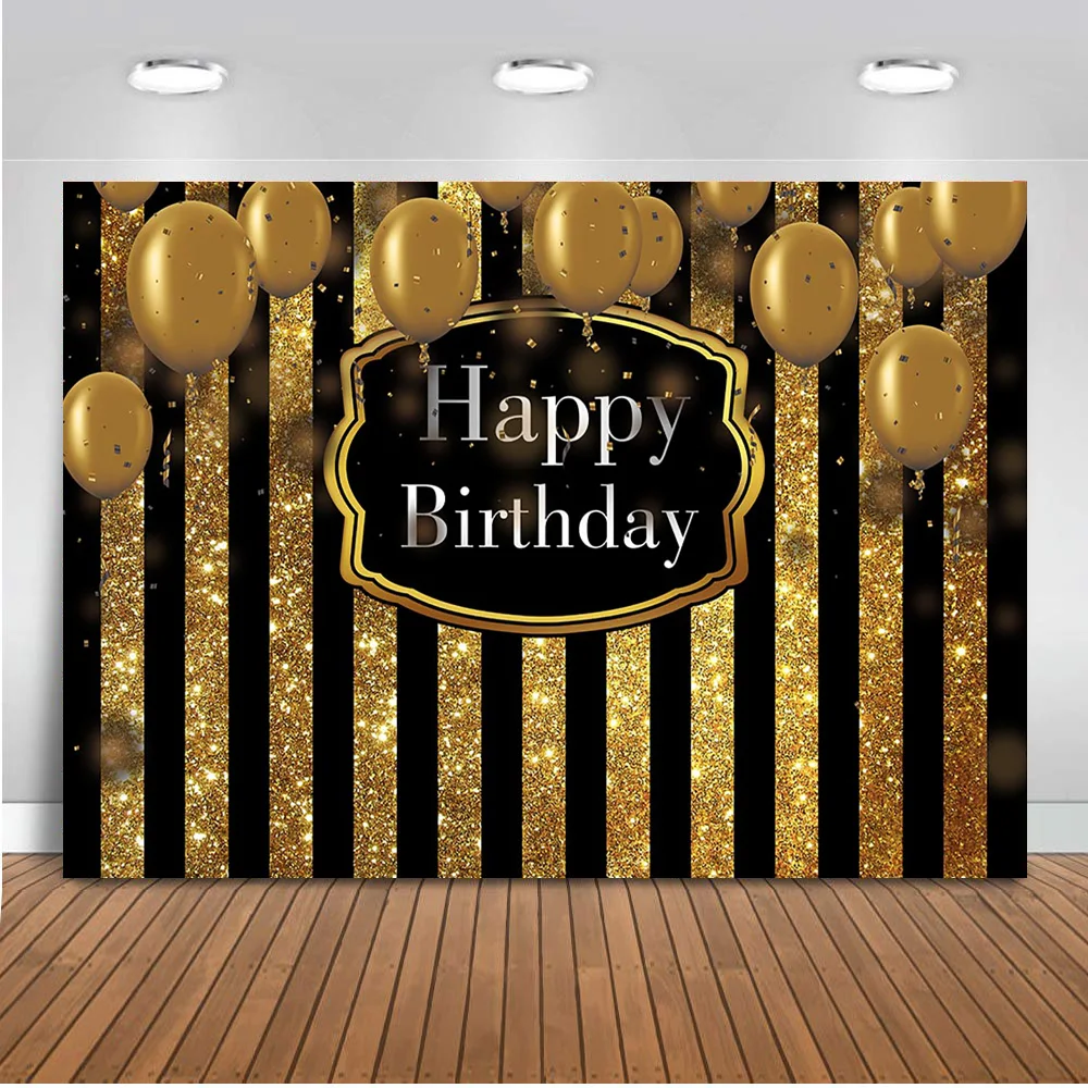 

Happy Birthday Theme Party Decoration Banner Black and Gold Stripe Backdrop for Photography Golden Balloons Children