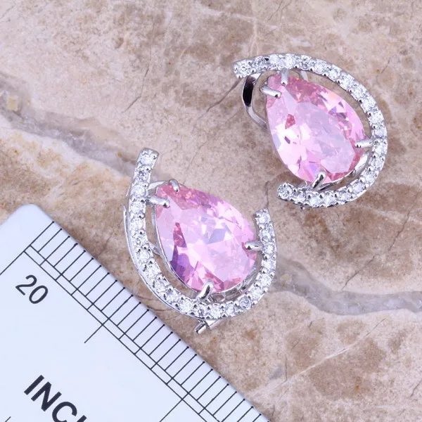 Pink White CZ Silver Plated Jewelry Sets Earrings Necklace Pendant Ring Size 6 / 7 / 8 / 9 / 10 S0003