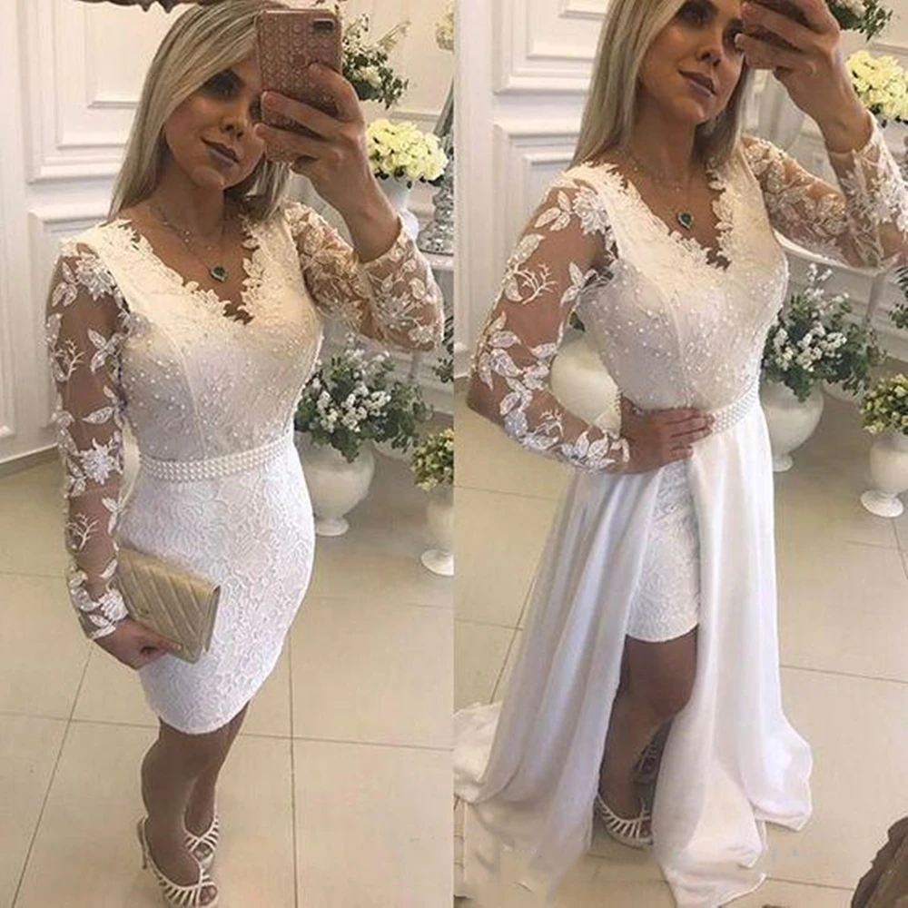 Vestidos de noche de fiesta cortos con perlas blancas, con falda desmontable, ilusión, mangas largas de encaje, vestidos formales de graduación para noche