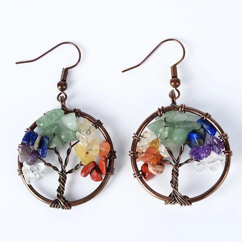 Vintage Tree of Life Women Drop Earrings Round Natural Chip Gem Stone Purple Pink Crystal Tourmaline Dangle Hook Earring Jewelry