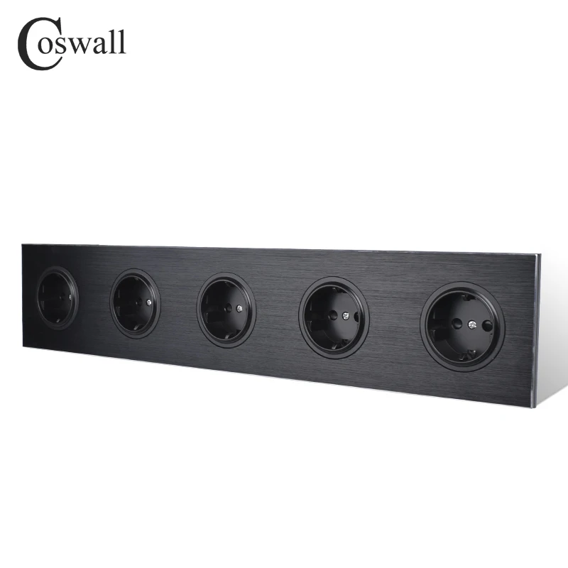 Coswall Black / Silver Grey Brushed Aluminum Metal Panel Quintuple EU Russia Wall Socket Grounded With Children Protective Door