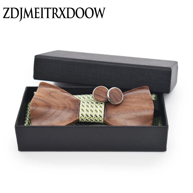 Wood Bow Tie Set Cravat Wooden Box Cufflinks Bowtie Plaid Handkerchief Pocket Square Men Wedding Suit Shirt