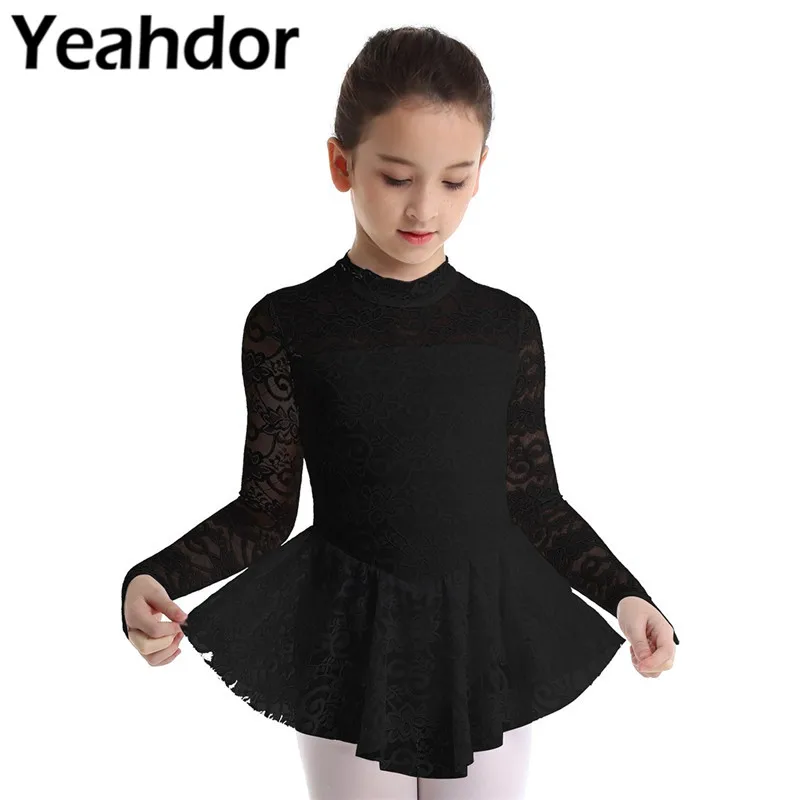 Kids Girls Floral Lace Figure Skating Dress Long Sleeves Mock Neck Girl Teens Ice Skating Ballet Gymnastics Leotard Dress