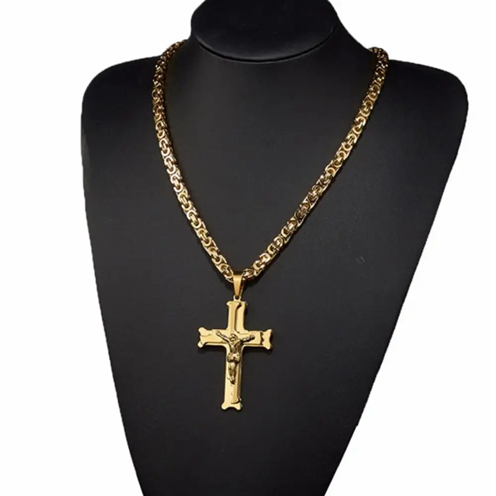 High Quality Gold Jesus Cross Men\'s Jewelry Stainless Steel Chain Byzantine Necklace Christian Crucifix Jewelry Christmas Gift