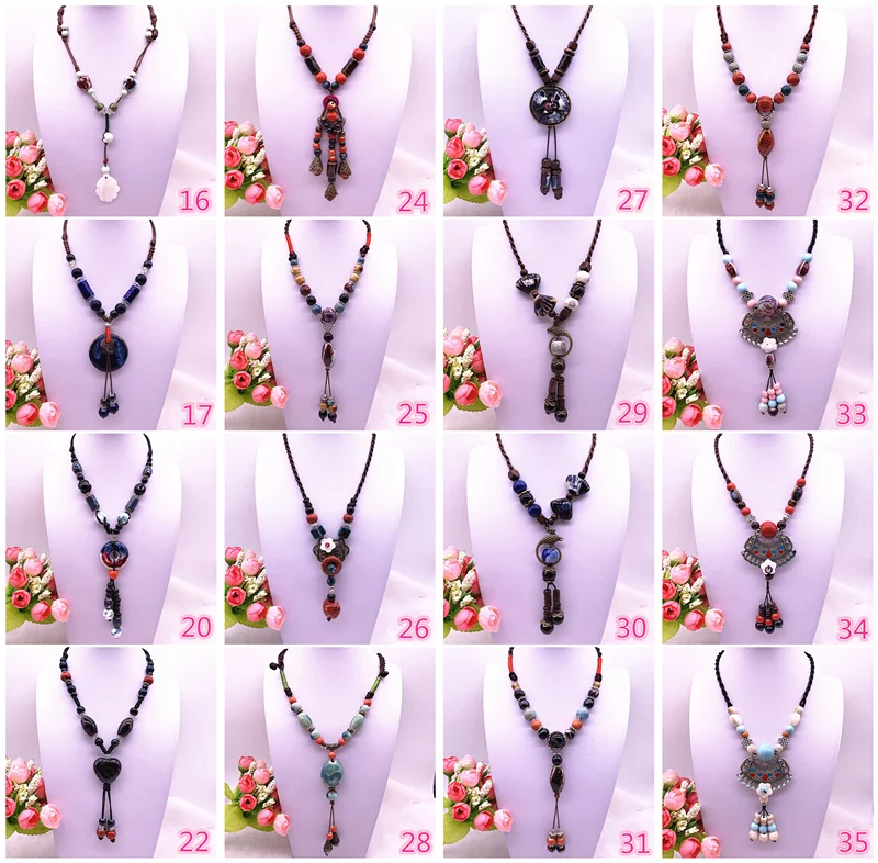 Fashion Ethnic Jewelry Traditional Handmade Ornaments Weave Wax Rope Ceramics Necklace Ceramics Beads Pendant Long Necklace #21