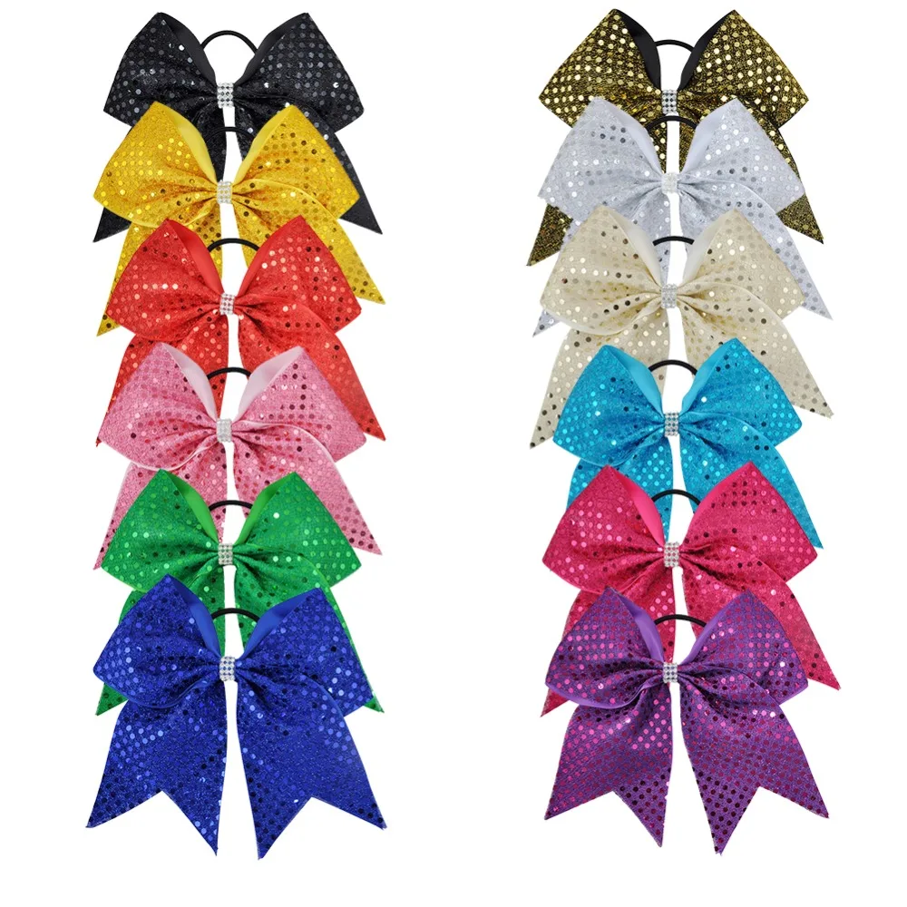 12Pcs 7 Inches Sequin Cheerleading Bows Sets Woman Large Bowknot Elastic Hairband Girls Hair Bows Accessories Ties Gum Rope