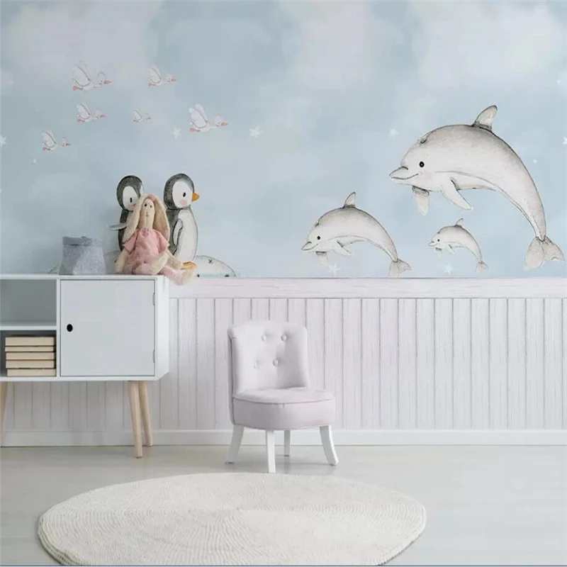 

Decorative wallpaper simple hand painted style Mediterranean whale penguin background wall