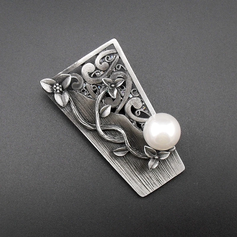 Quality Vintage Style Black Tin Plated Fashion Trendy Imitation Pearl Grave Unique Resplendent Rhinestone Brooch, Item: BH8106