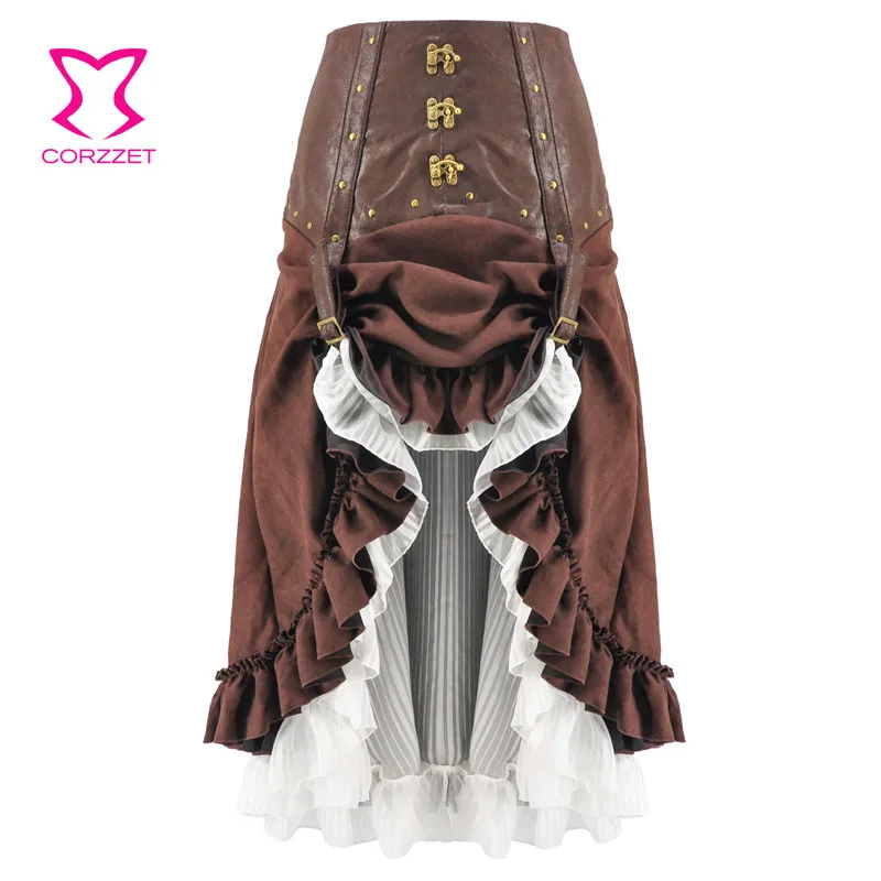 

Corzzet Steampunk Gothic Skirt Brown Leather Women Clothing Ruffle Skirts Lolita Medieval Victorian Gothic Punk Party Long Skirt