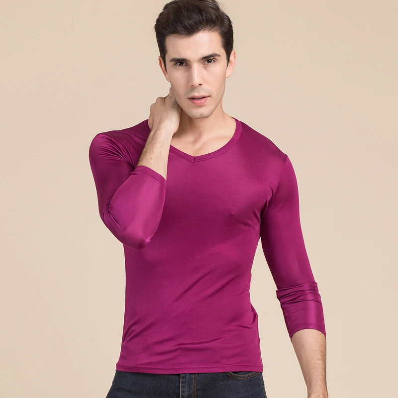 Men basic T shirt 100%Natural Silk V neck Solid shirt long Sleeve top Mens silk top White Black Grey 2022 New Spring Summer