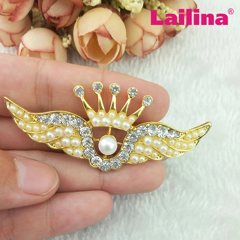 Cheap wholesale Clear Rhinestone Pearls Crown Angel Wings Brooch Pin, crown pearl brooch